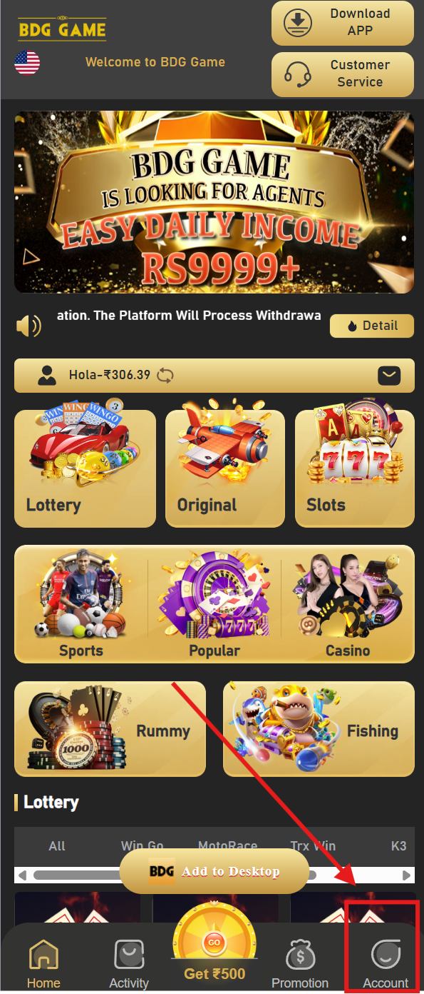 BDG Win home screen with account navigation